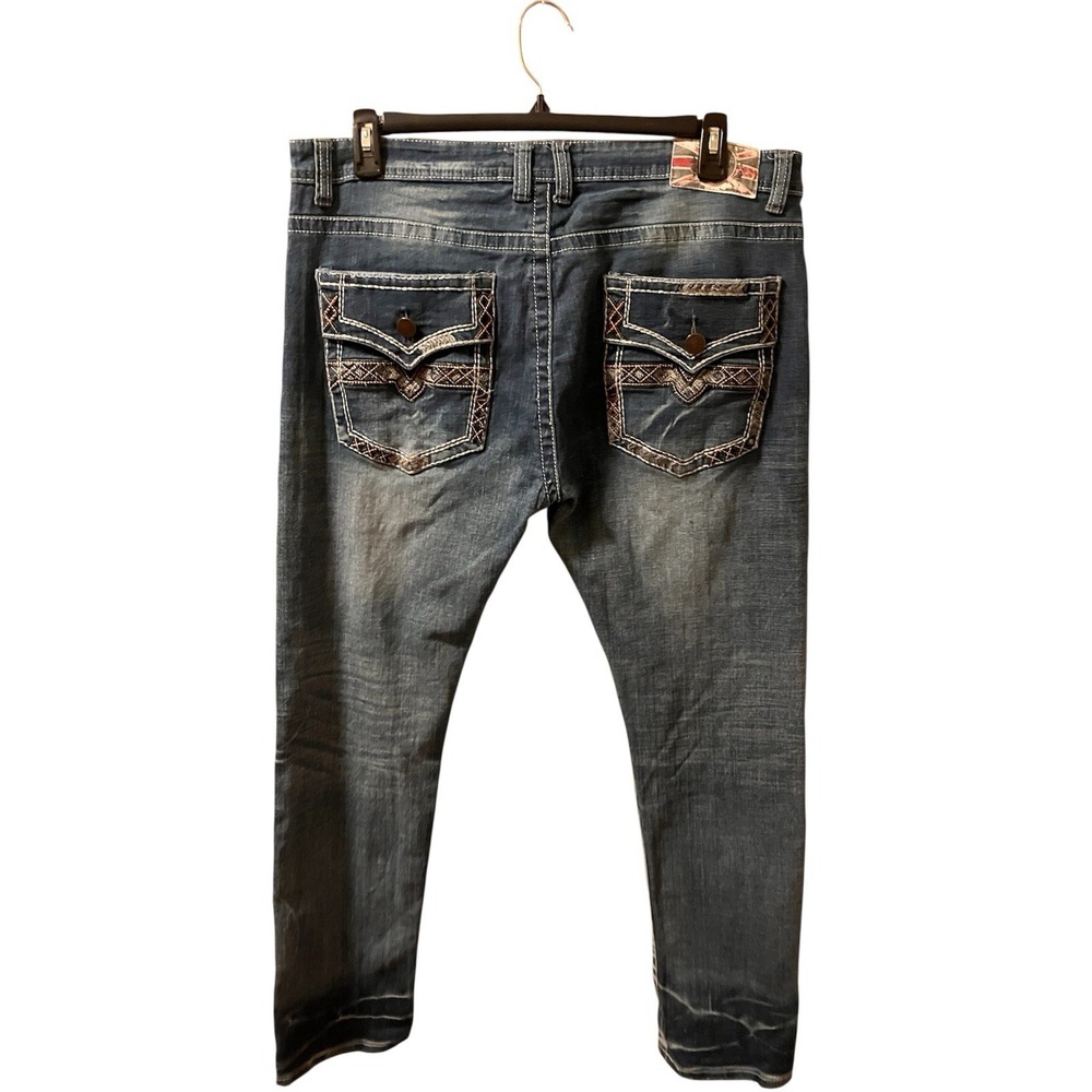 Monarchy Jeans Vintage Flap Pockets Thick Stitch‎ Embroidered Sz 38 Distressed